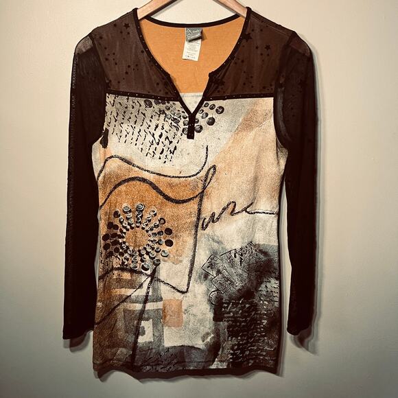 Simply Art by Dolcezza Tunic Black Tan Artsy Abstract Studded Sheer Sleeve S - Picture 1 of 7